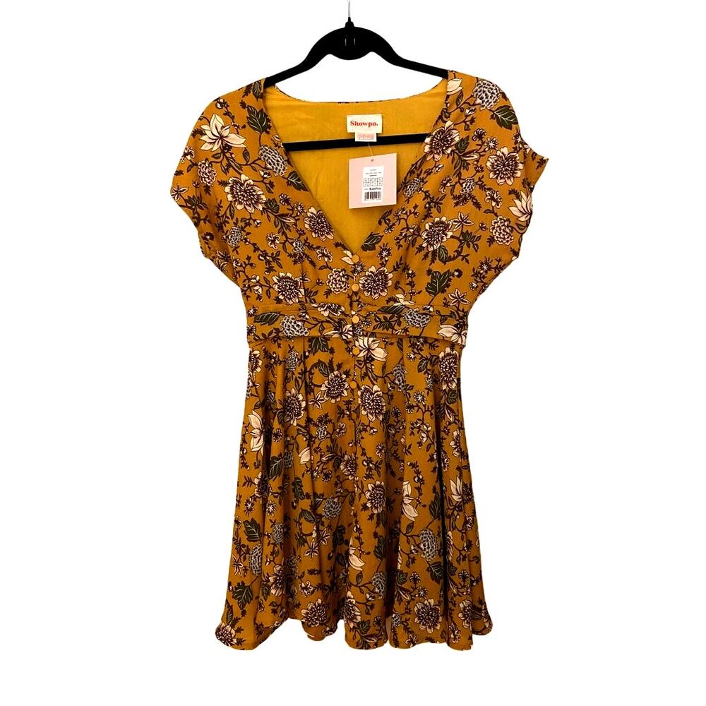 Showpo Dress NWT US Size 4 Deep Wide Ocean Dress S000641 In Mustard Floral